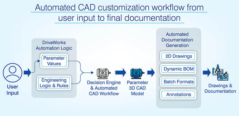 Automated CAD customization workflow from user input to final documentation.